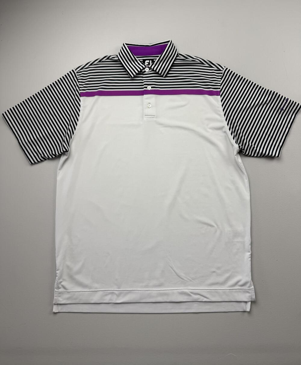 FootJoy Polo Shirt Mens Large White Striped Green Meadow CC Golf Performance